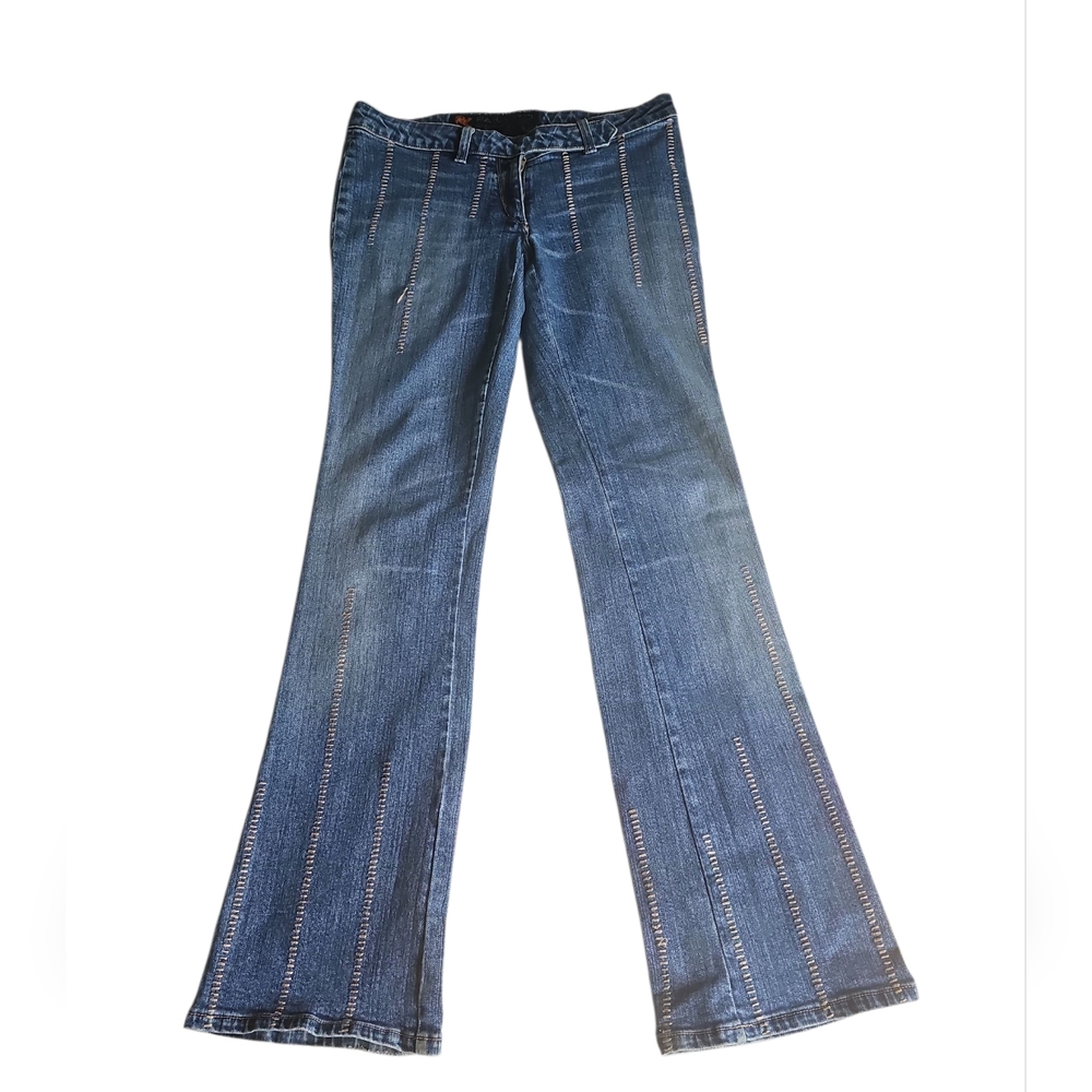 Vintage Parasuco Brown Stiched Low Rise Flared Denim Jeans w Built In Belt S 30